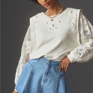 Anthropologie Cream Lace Sleeve Sweatshirt
